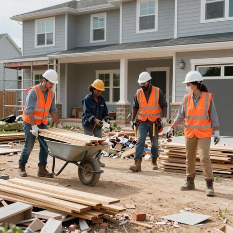 Four construction workers in safety vests and hard hats work on a residential site, moving wood with a wheelbarrow.