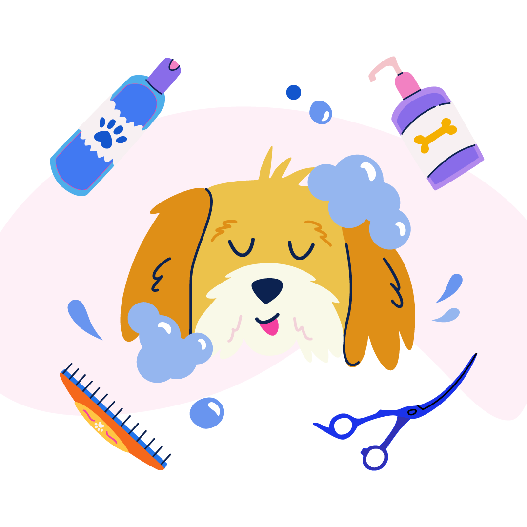 Un perro de dibujos animados con espuma de jabón en la cabeza rodeado de botellas de champú, un peine y tijeras.