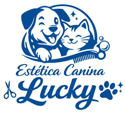 Logotipo azul para Estética Canina Lucky con un perro y un gato felices sobre un peine de peluquería, tijeras y una huella de pata.