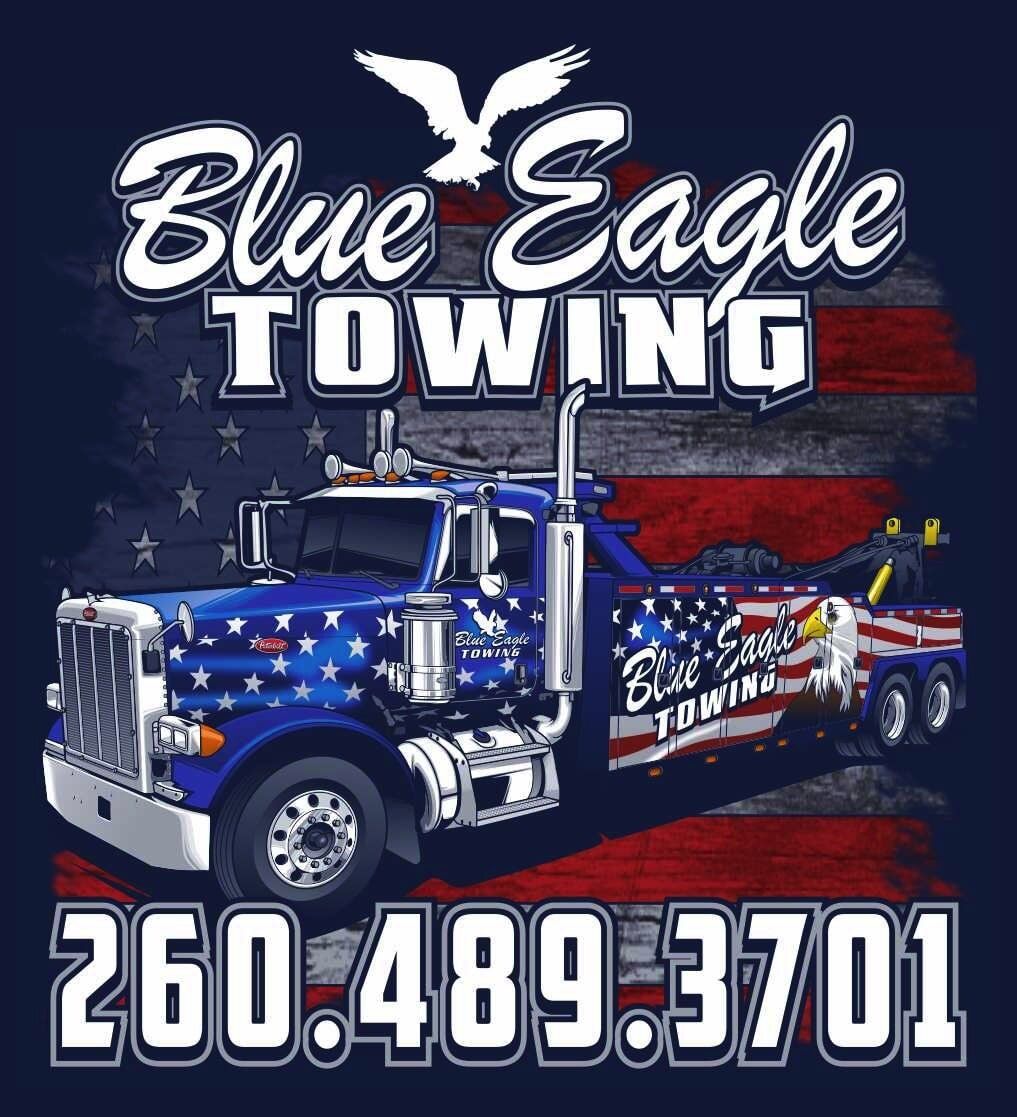 Blue Eagle Towing truck with patriotic American flag design; contact phone number 260.489.3701.