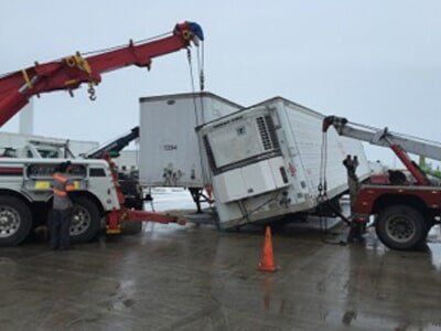 Two tow trucks lifting a tipped-over refrigerated semi-trailer on a wet surface; workers and an orange cone are visible.