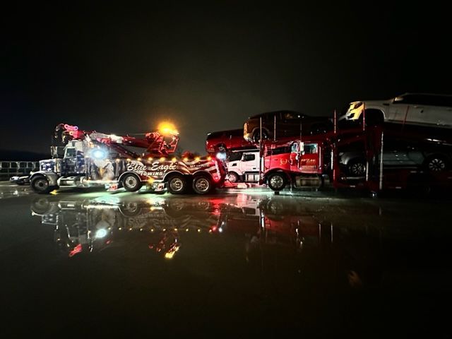 Tow trucks with flashing lights at night, reflecting on a wet surface. Several vehicles are loaded or ready to be towed.
