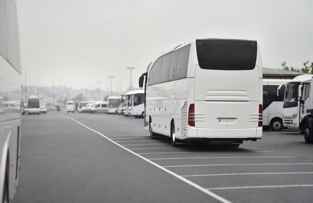 A Row of White Buses Are Parked in A Parking Lot — G & D Ross Bus Charters In Gladstone, QLD