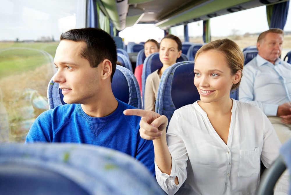 A Man and A Woman Are Sitting on A Bus and The Woman Is Pointing — G & D Ross Bus Charters In Sunshine Coast, QLD