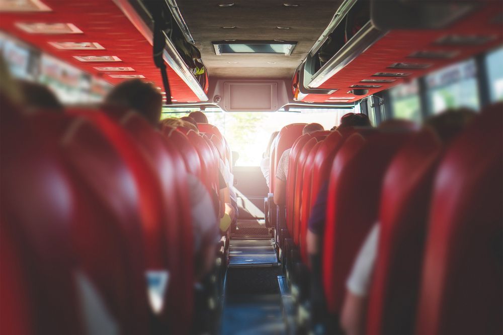 A Group of People Are Sitting on A Bus with Red Seats — G & D Ross Bus Charters In Childers, QLD