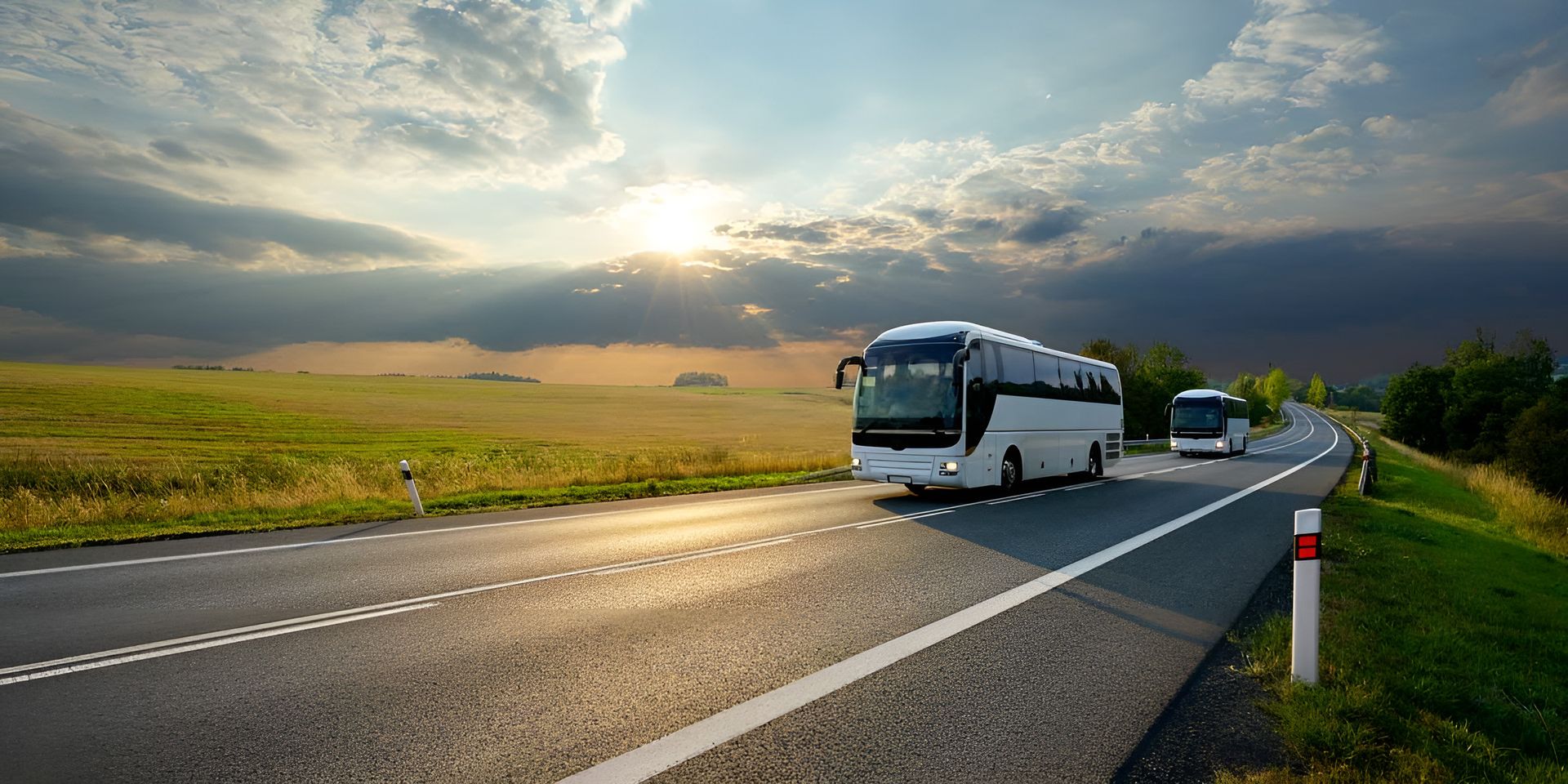 Two Buses Driving On A Winding Road Through A Green Landscape Under A Cloudy Sky