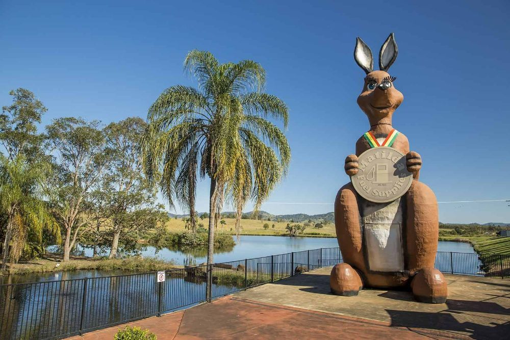 A Statue of A Kangaroo Holding a Medal in Front of A Lake — G & D Ross Bus Charters In Gympie, QLD