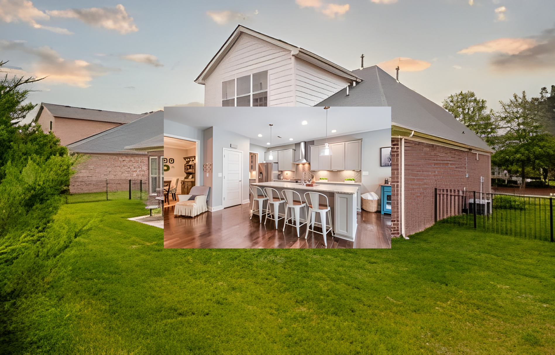 Modern two-story house with a concrete driveway, gray siding, and a two-car garage surrounded by trees.