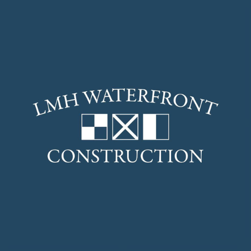 A logo for lmh waterfront construction on a blue background