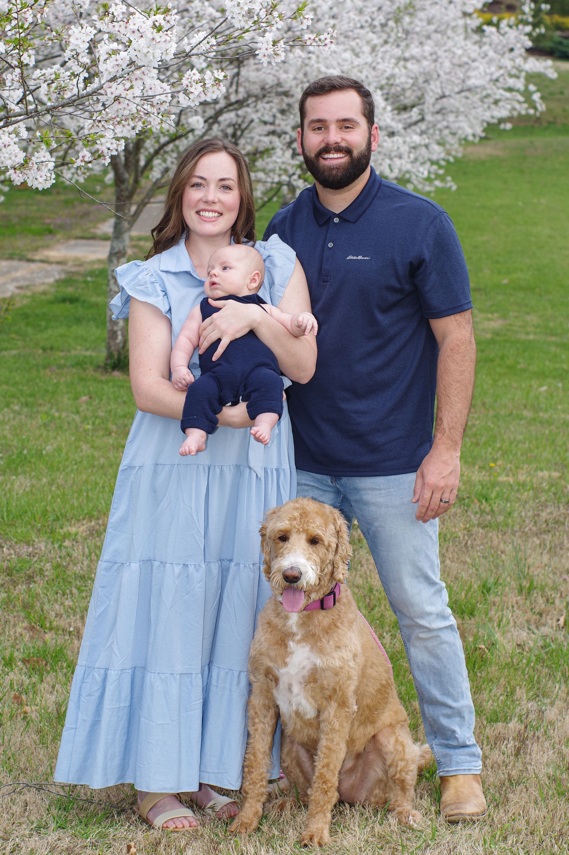 A family is posing for a picture with a baby and a dog.
