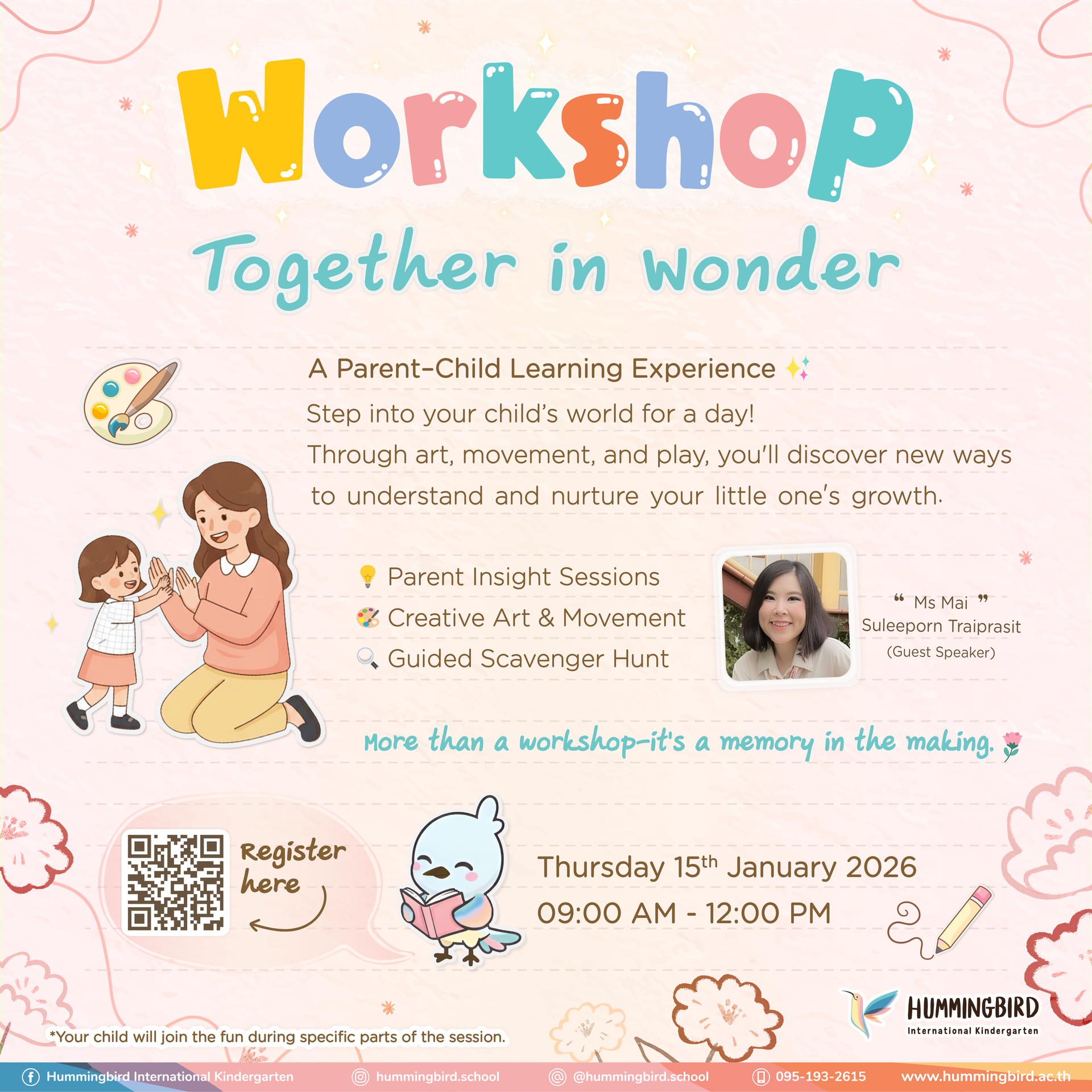 A poster for a hummingbird kindergarten with a picture of a woman and children.