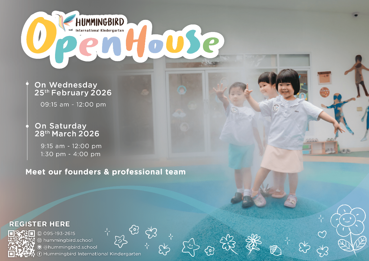 Open House flyer: Hummingbird Kindergarten, 24 January 2026. 50% off enrollment. Children playing.