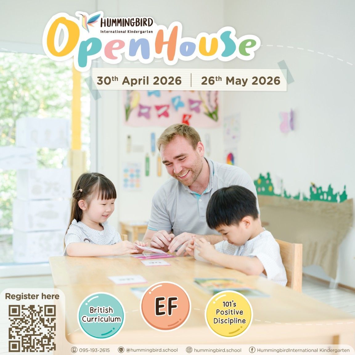 Hummingbird Preschool Open House flyer with a teacher and two children at a table, including a QR code for registration.