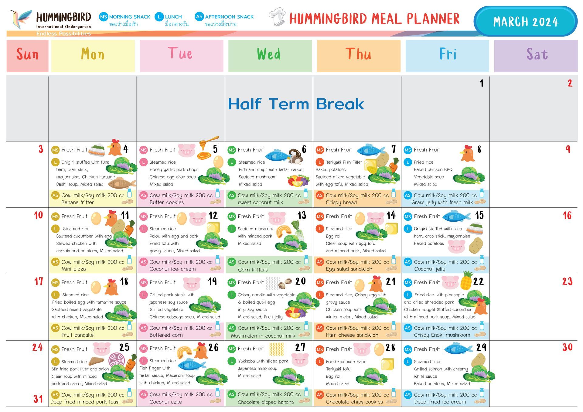 A calendar with a half term break on it