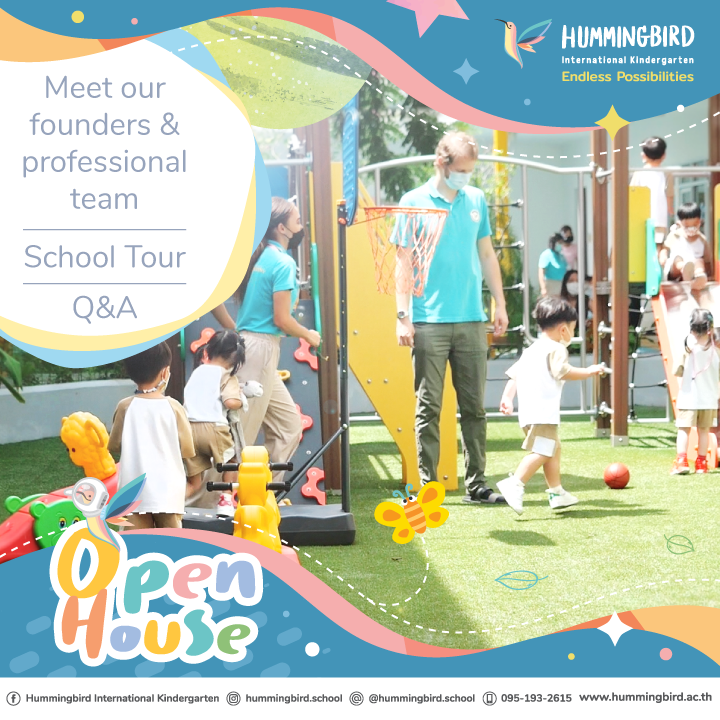 An advertisement for an open house for hummingbird international kindergarten