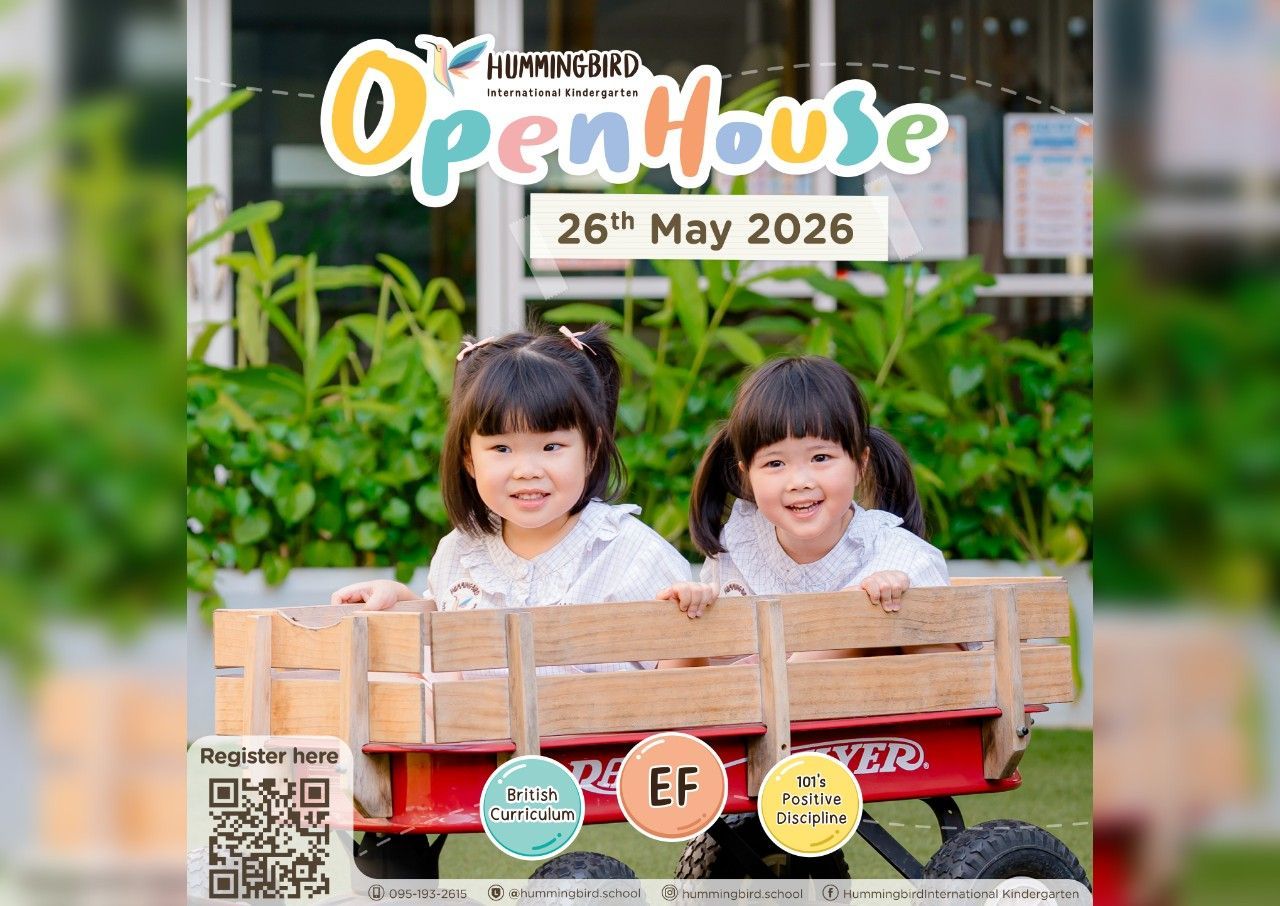 Open House flyer: Hummingbird Kindergarten, 24 January 2026. 50% off enrollment. Children playing.