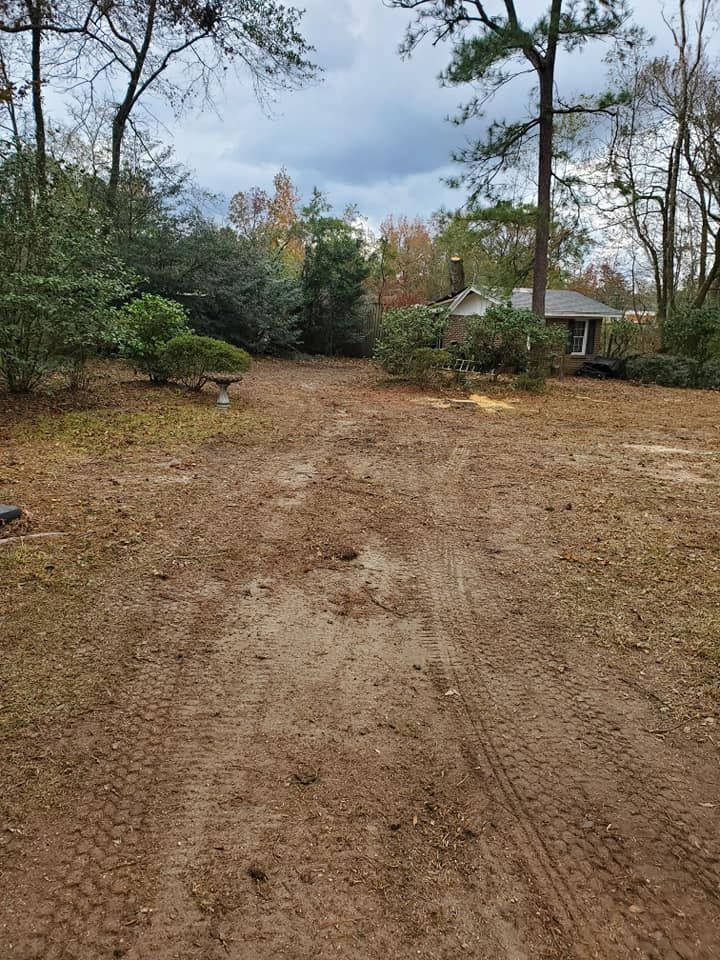 Muddy dirt road leading to a small house, surrounded by trees and overcast sky.