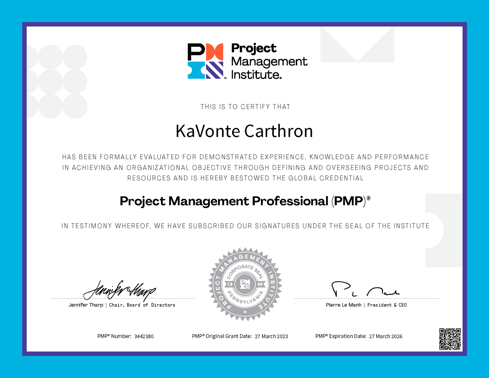 Project Management Professional Certification with Project Management Institute