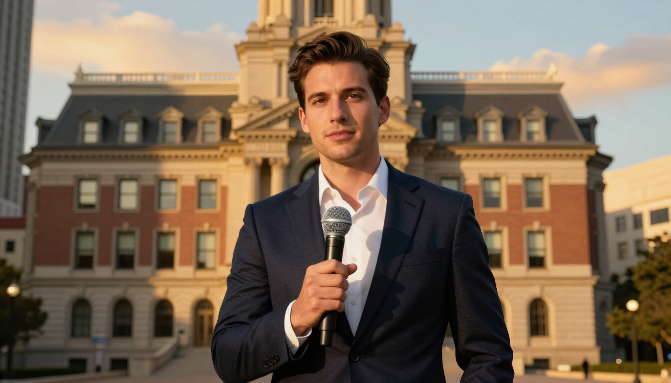 Journalist reporting in front of Atlanta City Hall