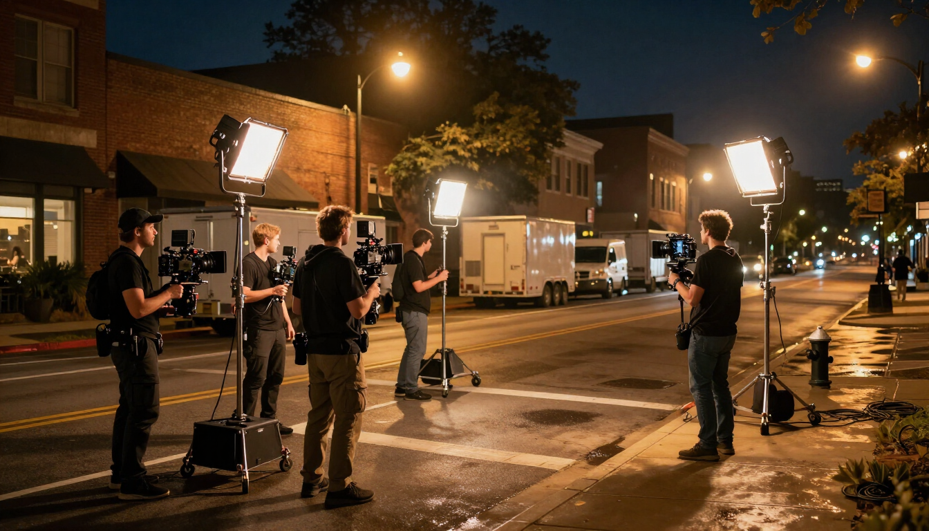 Film production set on an Atlanta street at night