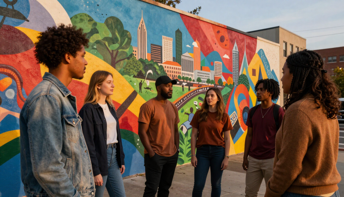 Vibrant Atlanta street mural with community members