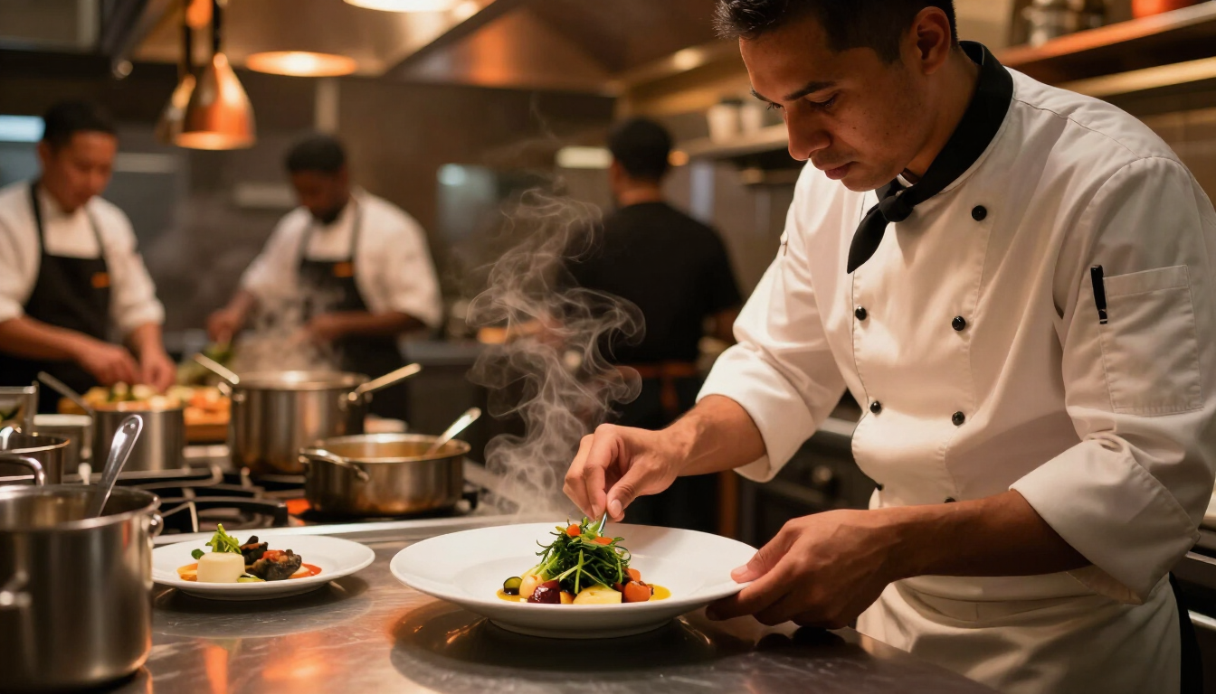 Chef plating a dish inside a lively Atlanta restaurant kitchen