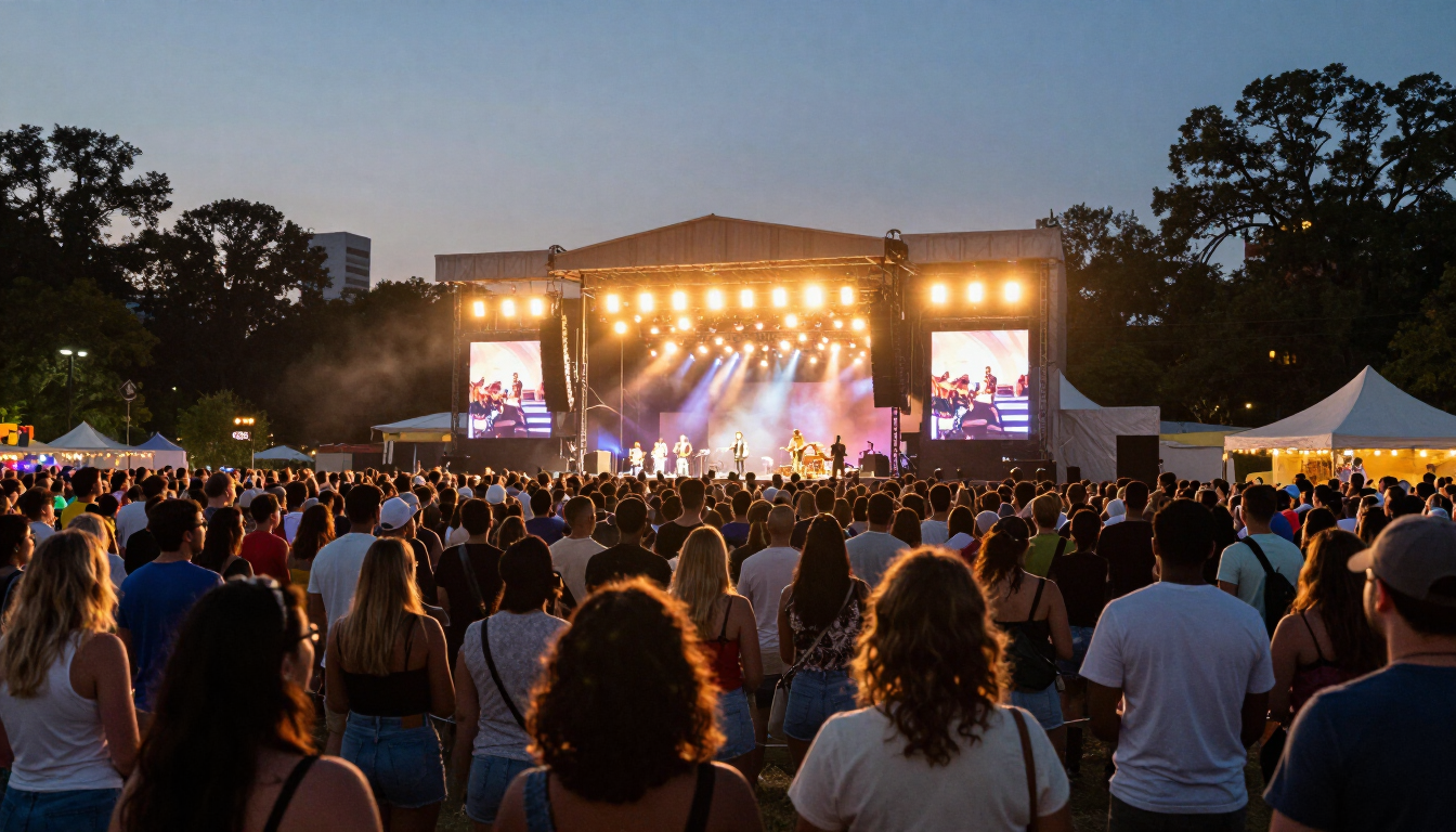 Packed outdoor Atlanta festival at dusk with stage lights