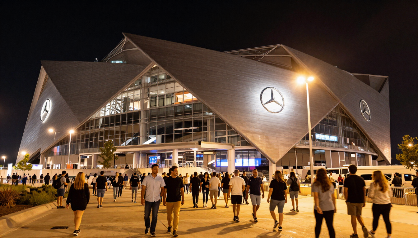 Mercedes-Benz Stadium at night with fans streaming in