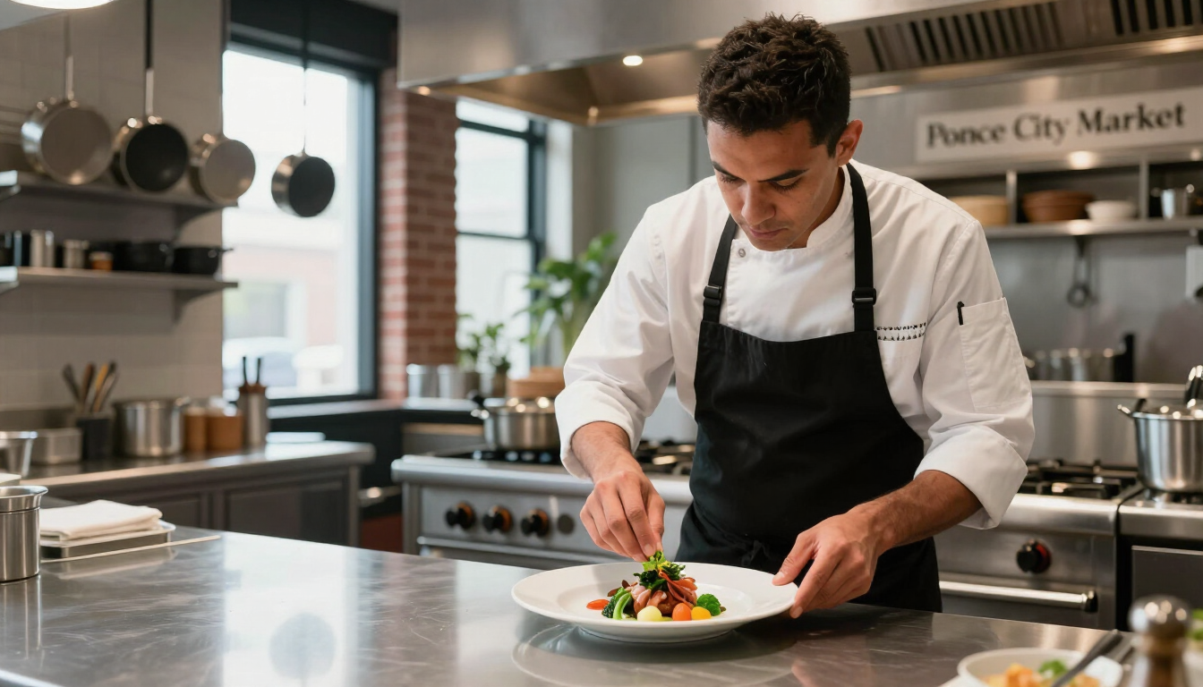 Chef plating a dish at Ponce City Market restaurant