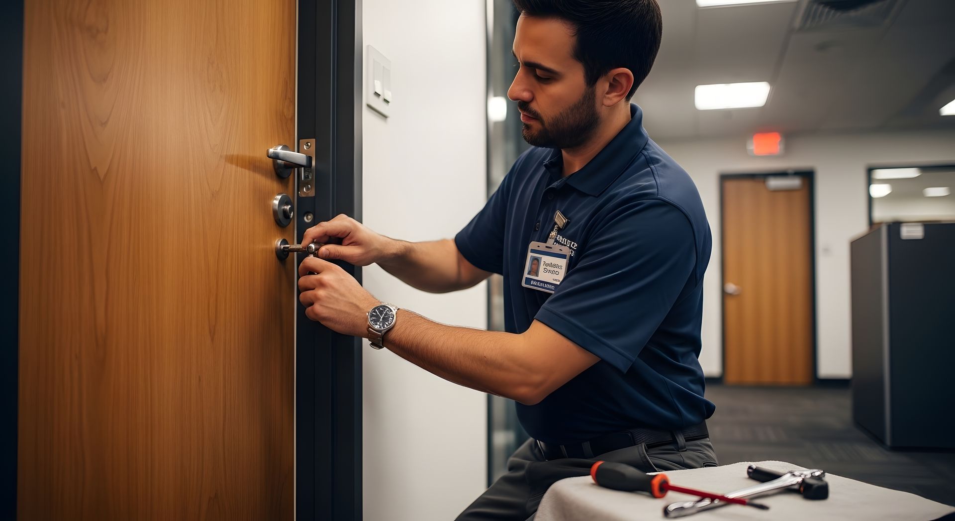 Professional locksmith fixing office door lock for security and maintenance.