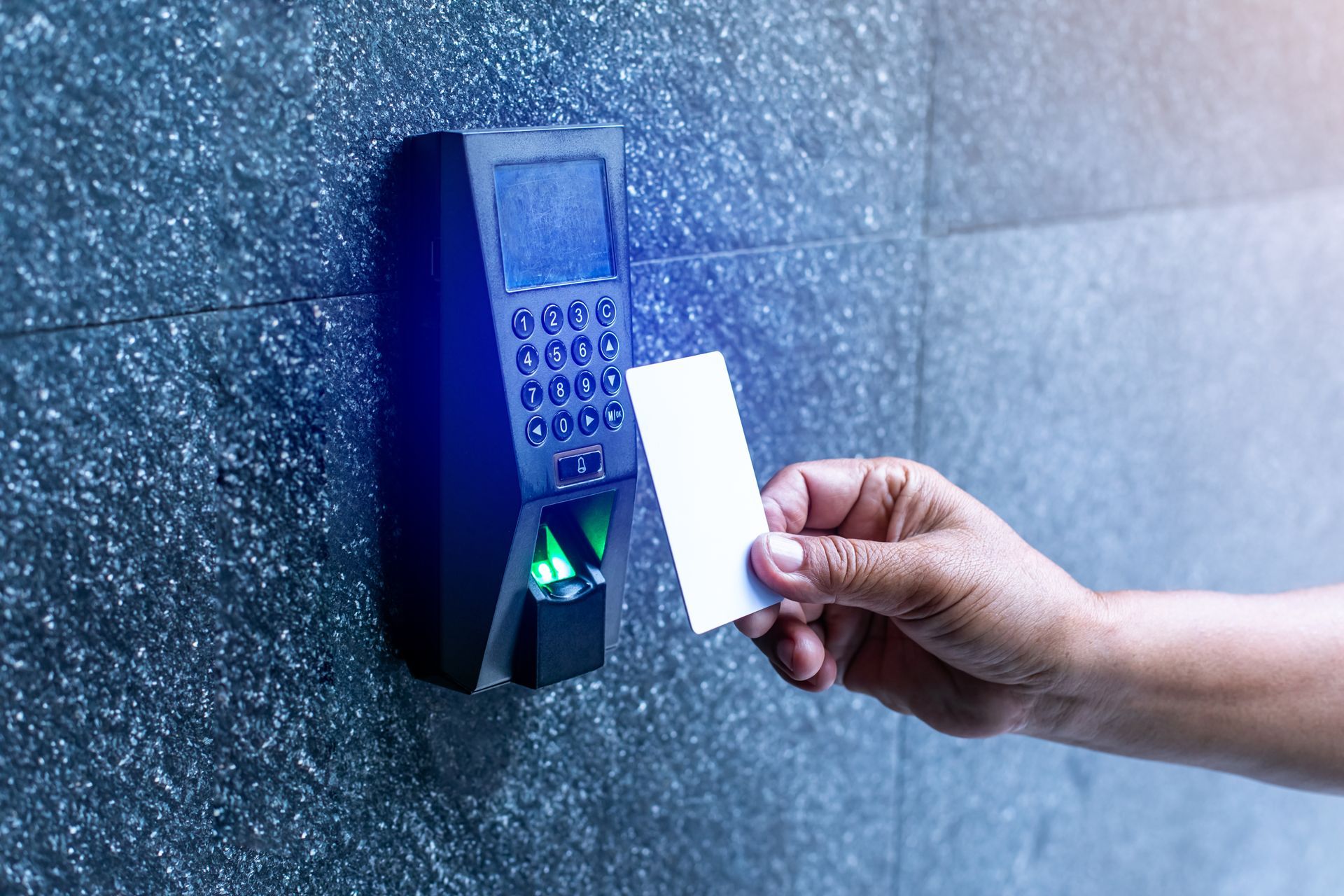 Secure biometric access control systems for offices using RFID keycards and fingerprint scanners.