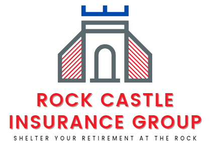 Rock Castle Insurance Group logo with gray castle icon, red text, and tagline “Shelter Your Retirement at the Rock”