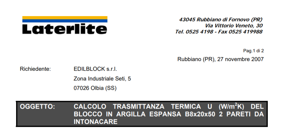 certificazione termica del blocco in argilla espansa