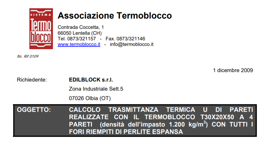 certificazione trasmittanza termica con perlite