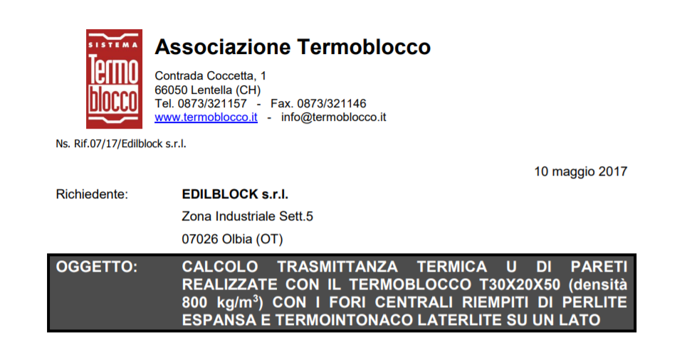 certificazione trasmittanza termoblocco di perlite