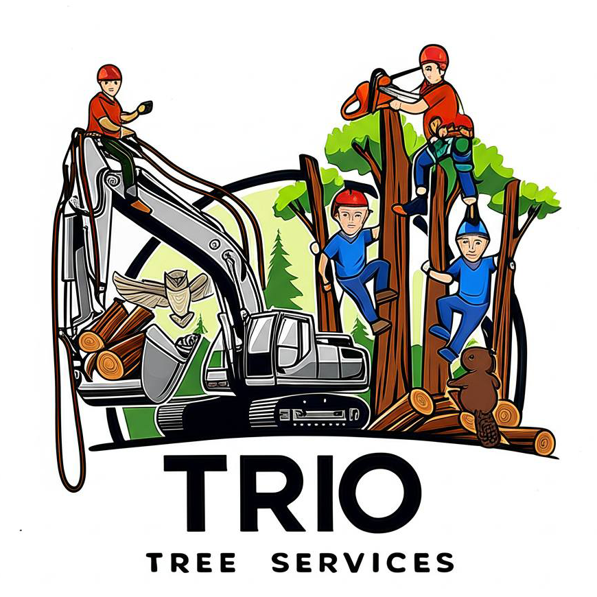 Trio Tree Services logo: cartoon of tree workers, excavator, logs, and a forest scene.