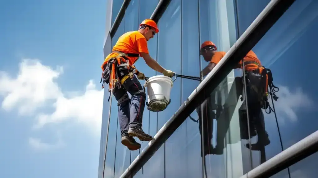 Window washer in orange shirt and safety harness cleans a glass skyscraper.