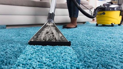 Person vacuuming a light blue carpet with a wet vacuum in a living room.
