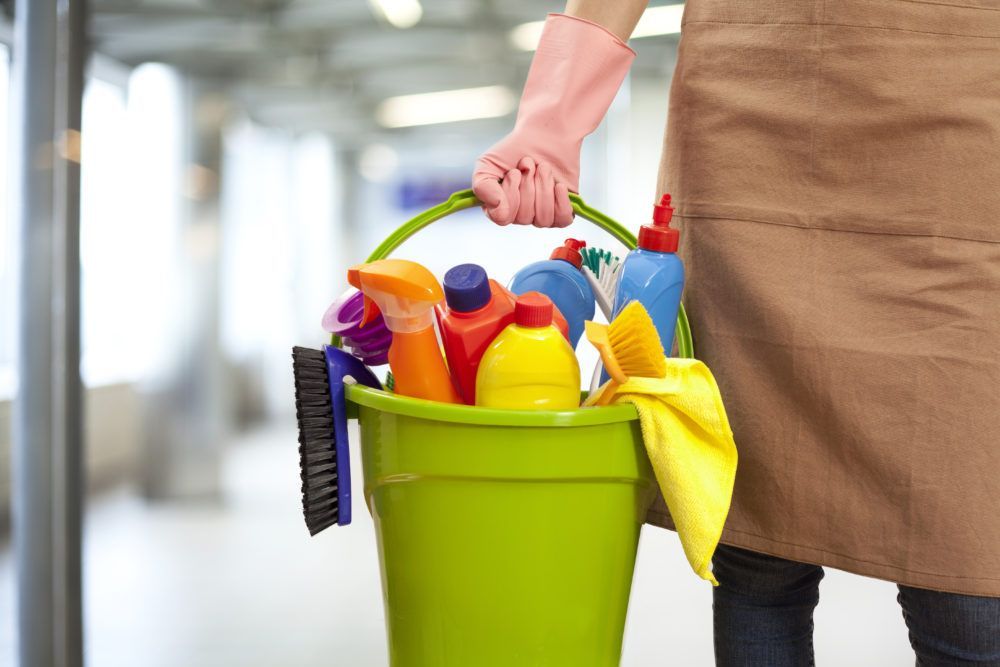 Person holding a green bucket filled with cleaning supplies, wearing pink gloves and an apron.