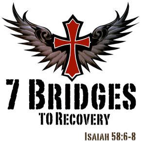 A logo for 7 bridges to recovery with a cross and wings