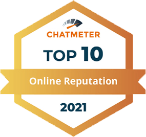 A badge that says chatmeter top 10 online reputation 2021