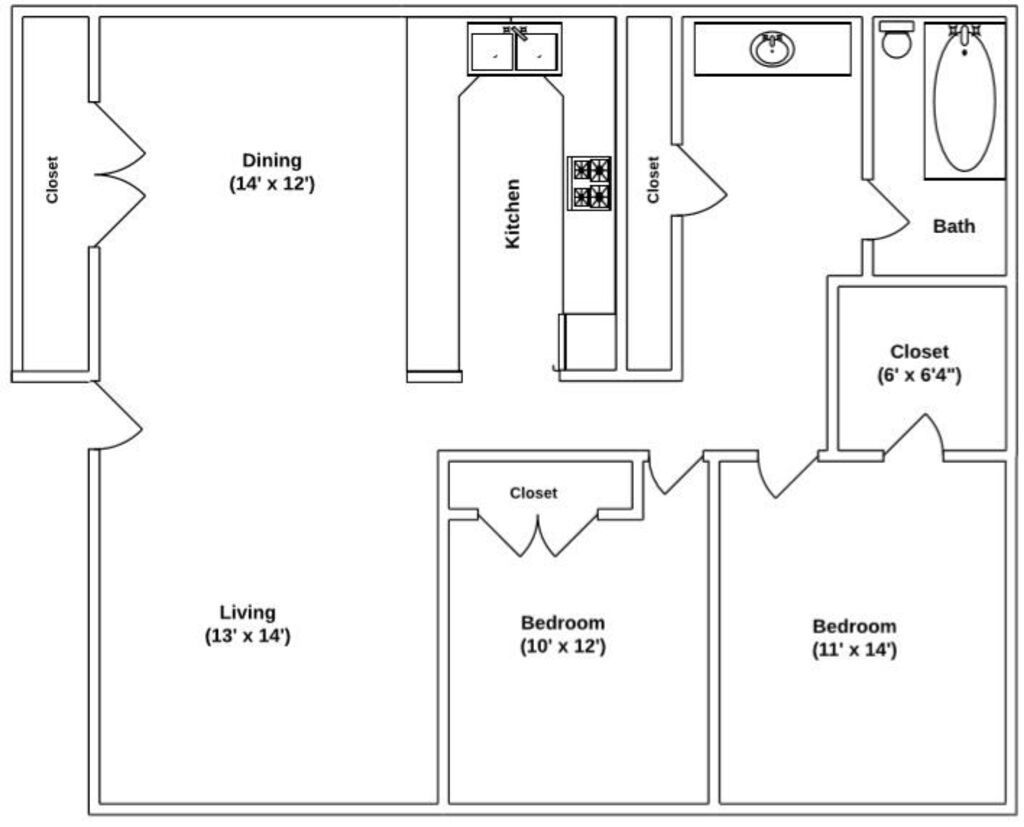 Floor Plan: 2 Bed · 1 Bath · 945 SQ. FT.