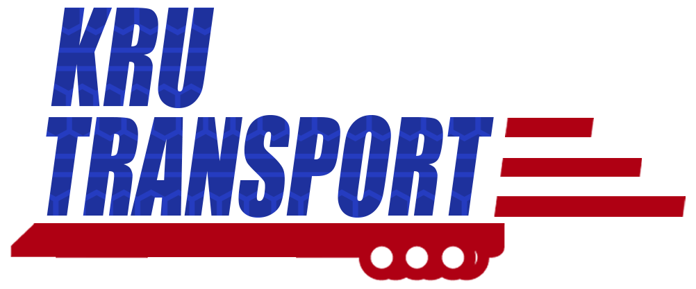 Logo for KRU Transport. Text in blue, with red accents and three red horizontal lines on the right.