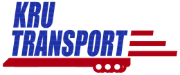 Logo for KRU Transport. Text in blue, with red accents and three red horizontal lines on the right.