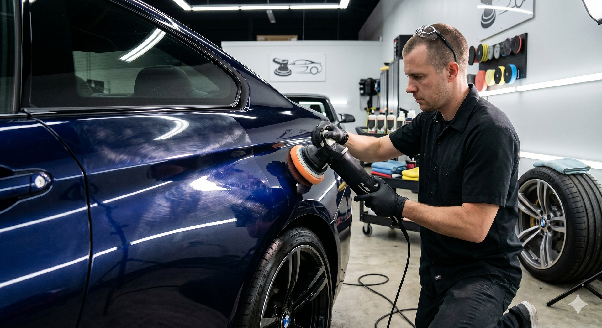 Detailer polishing a dark blue car in a garage with a rotary buffer