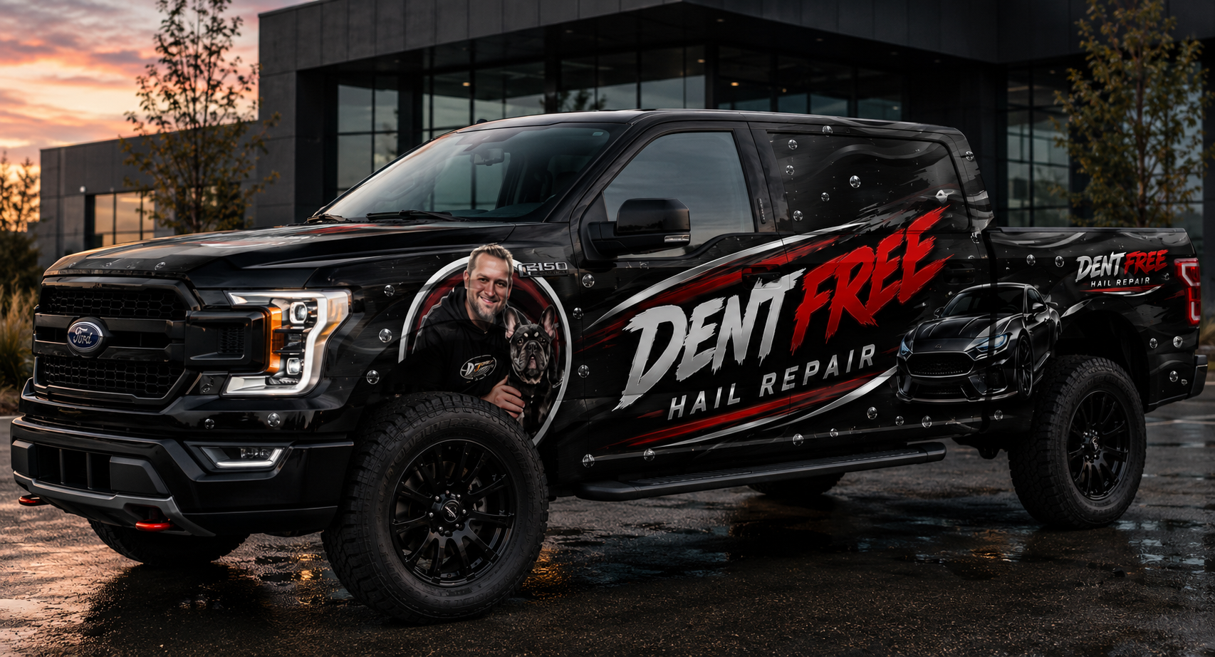 Black dent repair pickup truck with bold red logo parked outside a modern building at sunset
