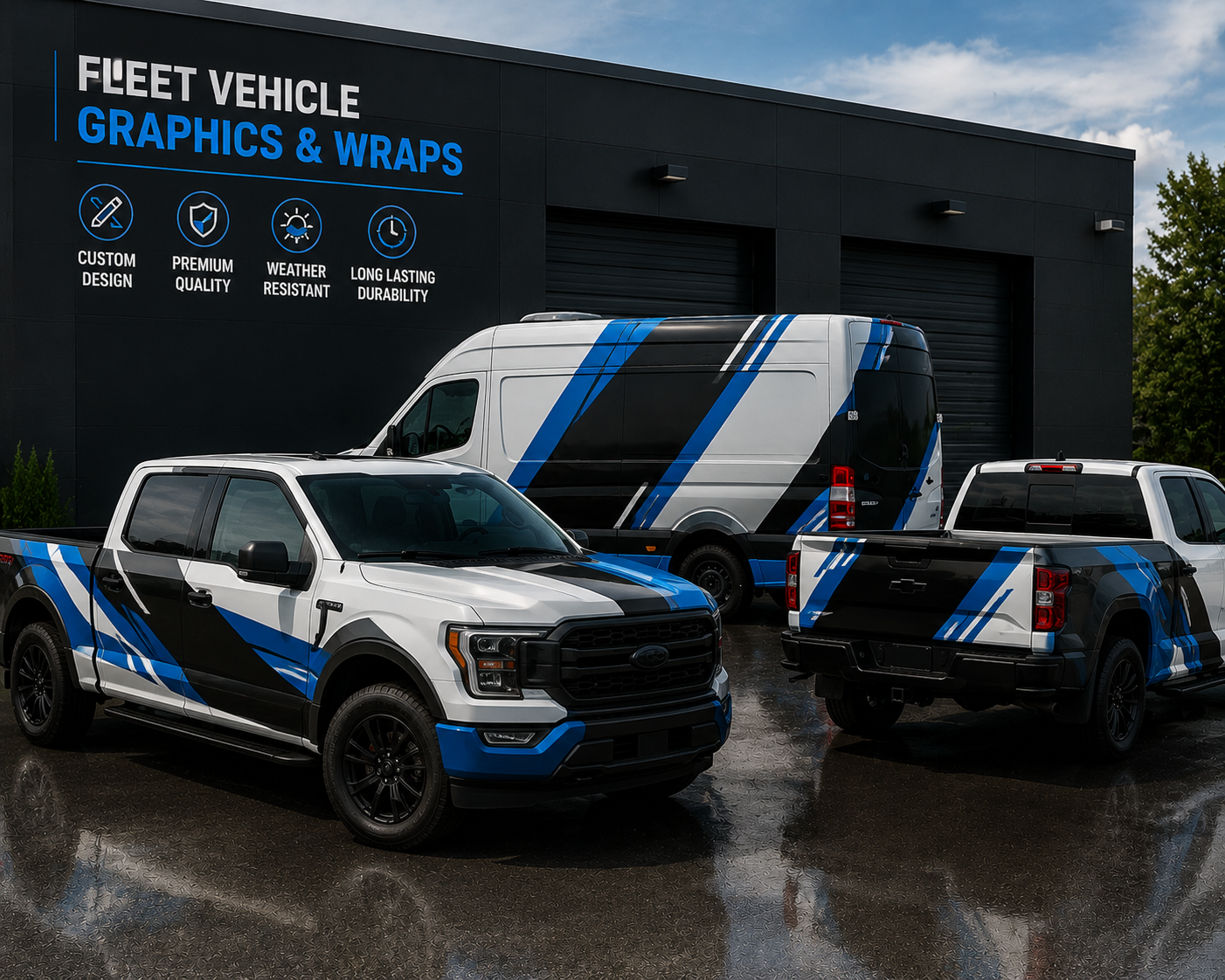 Wrapped fleet vehicles parked outside a graphics and wrap shop, featuring black, white, and blue designs