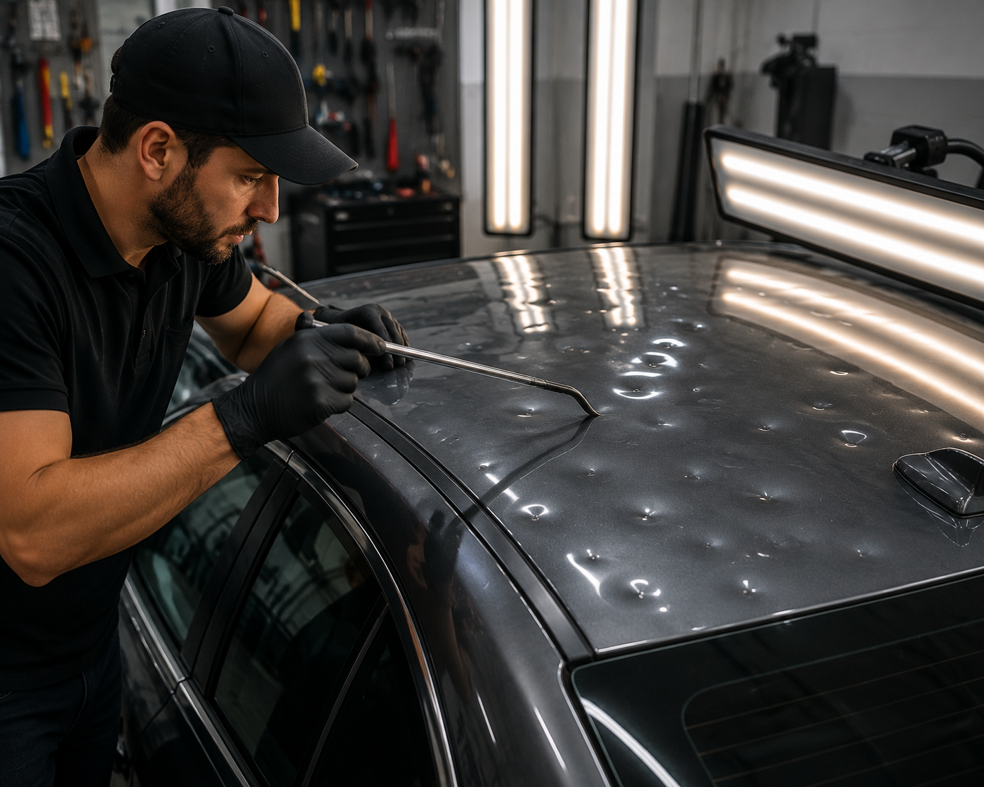 Technician polishing a black car roof in a garage, inspecting paint under bright lights
