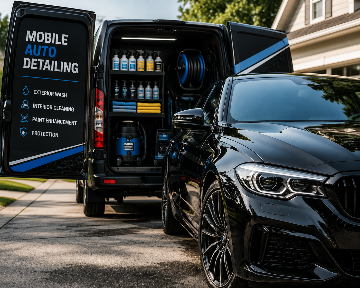 Mobile auto detailing van with supplies open beside a black car on a driveway