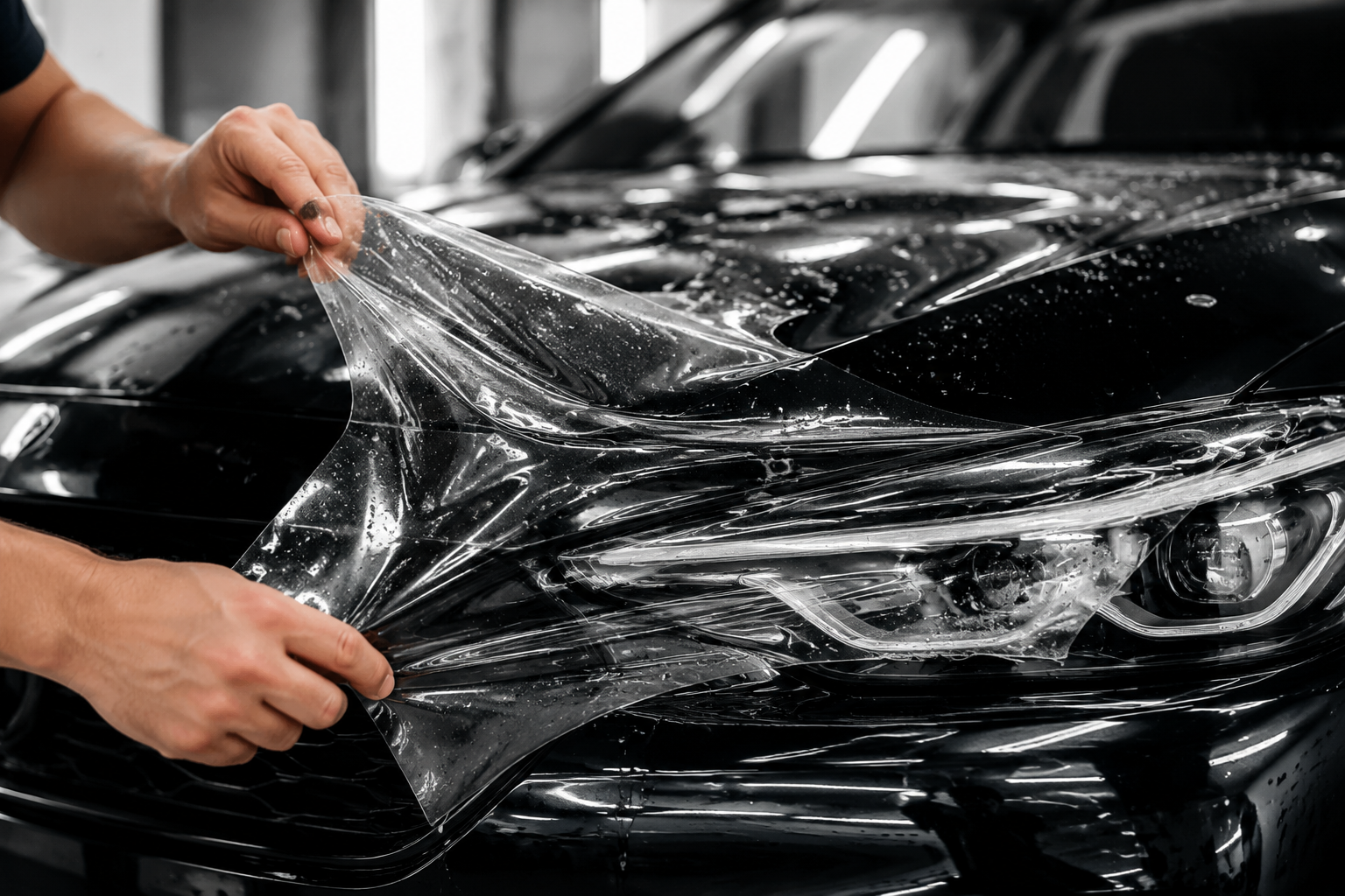 Red, white, and blue pickup truck being detailed in a clean auto shop